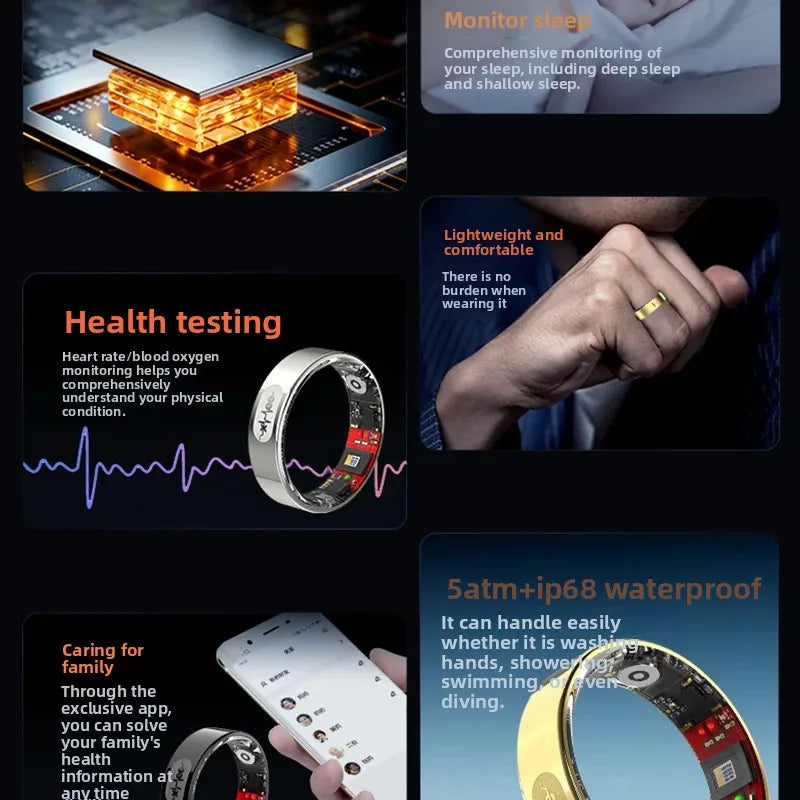 AI Smart Ring with Blood Glucose and Blood Pressure Monitor, 5ATM Waterproof, Sleep Tracking, Long Battery, Step Counting